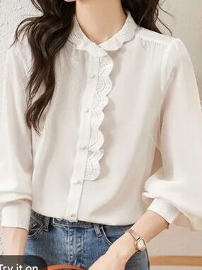 Sezane Ivory Lace-Trim Button Front Blouse